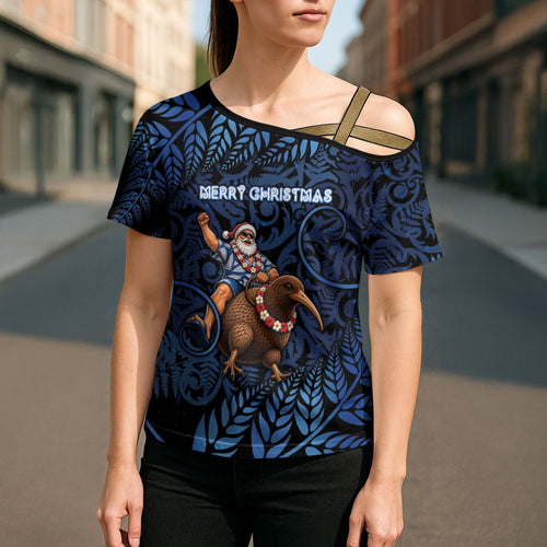 New Zealand Christmas Cross Shoulder Shirt Santa Riding Kiwi Bird Silver Fern