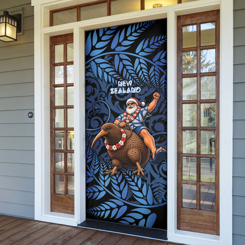 New Zealand Christmas Door Cover Santa Riding Kiwi Bird Silver Fern