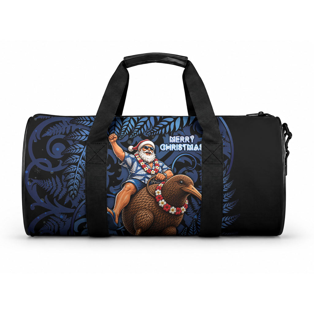 New Zealand Christmas Duffle Bag Santa Riding Kiwi Bird Silver Fern