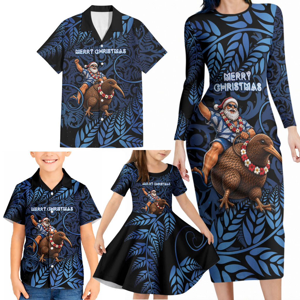 New Zealand Christmas Family Matching Long Sleeve Bodycon Dress and Hawaiian Shirt Santa Riding Kiwi Bird Silver Fern