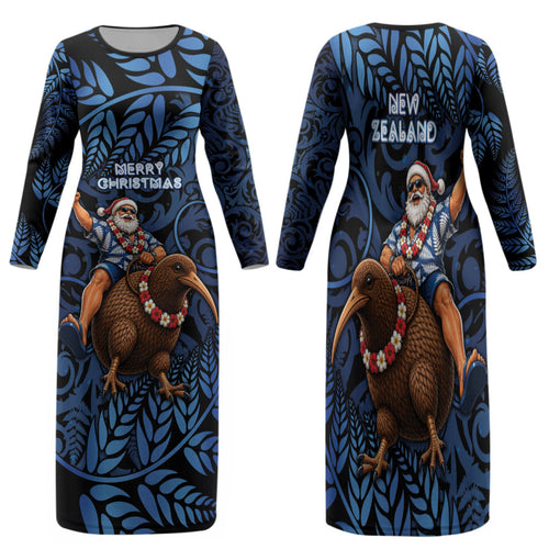 New Zealand Christmas Family Matching Long Sleeve Bodycon Dress and Hawaiian Shirt Santa Riding Kiwi Bird Silver Fern