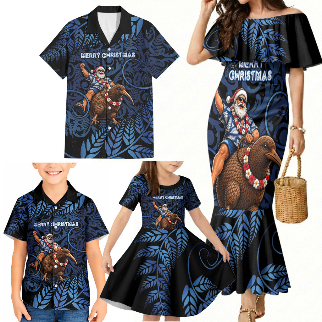 New Zealand Christmas Family Matching Mermaid Dress and Hawaiian Shirt Santa Riding Kiwi Bird Silver Fern