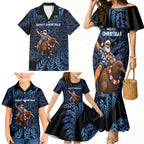 New Zealand Christmas Family Matching Mermaid Dress and Hawaiian Shirt Santa Riding Kiwi Bird Silver Fern