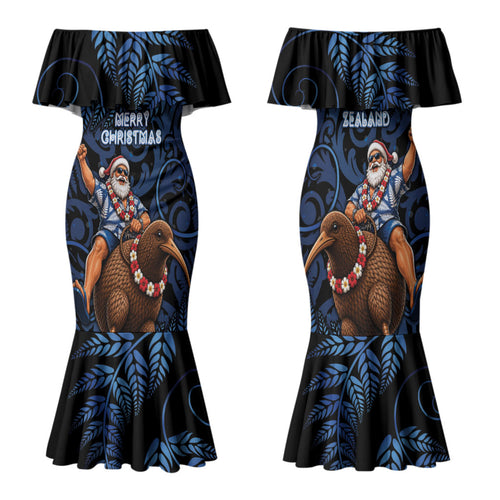 New Zealand Christmas Family Matching Mermaid Dress and Hawaiian Shirt Santa Riding Kiwi Bird Silver Fern
