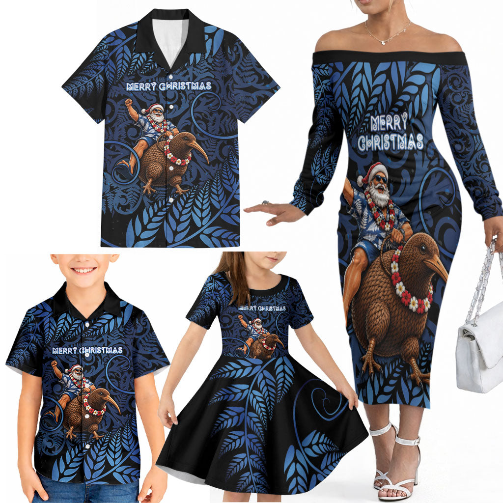 New Zealand Christmas Family Matching Off The Shoulder Long Sleeve Dress and Hawaiian Shirt Santa Riding Kiwi Bird Silver Fern