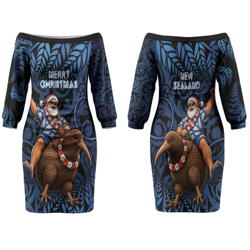 New Zealand Christmas Family Matching Off The Shoulder Long Sleeve Dress and Hawaiian Shirt Santa Riding Kiwi Bird Silver Fern