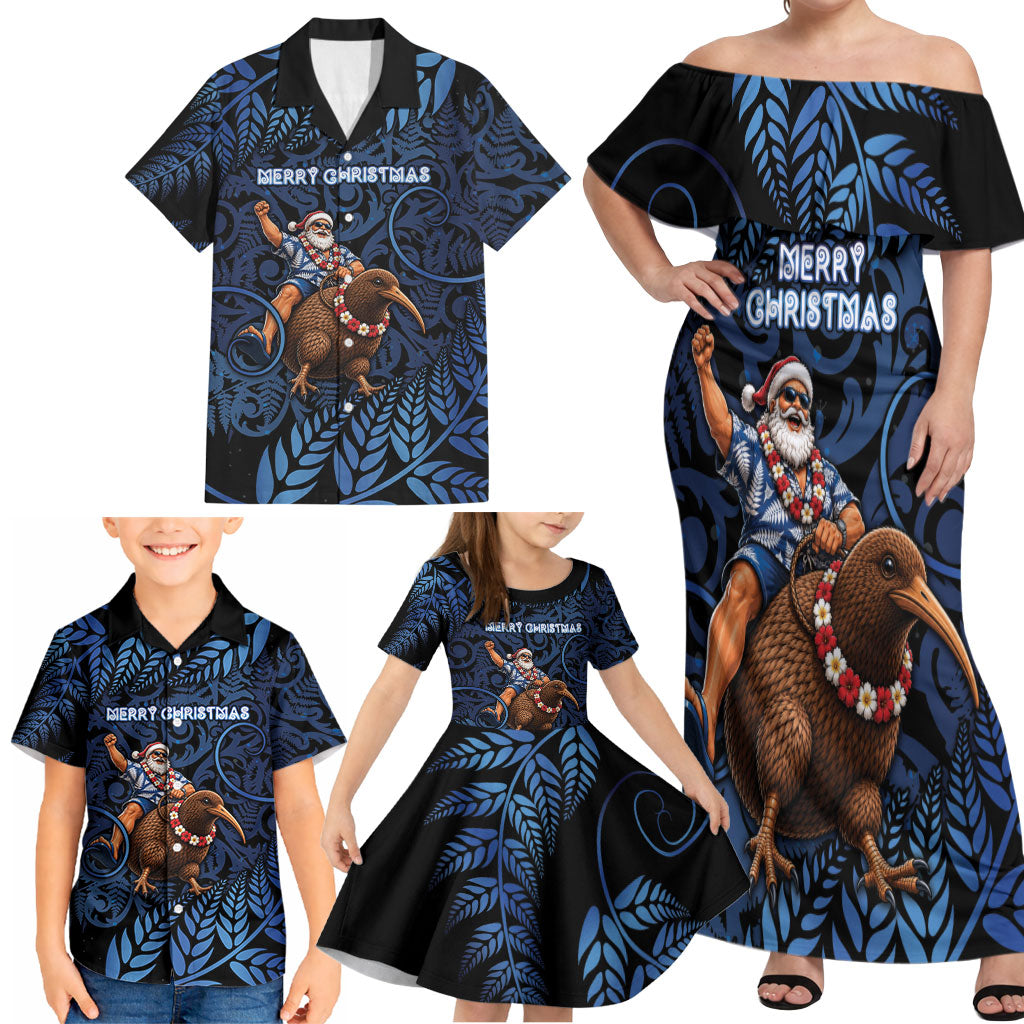 New Zealand Christmas Family Matching Off Shoulder Maxi Dress and Hawaiian Shirt Santa Riding Kiwi Bird Silver Fern