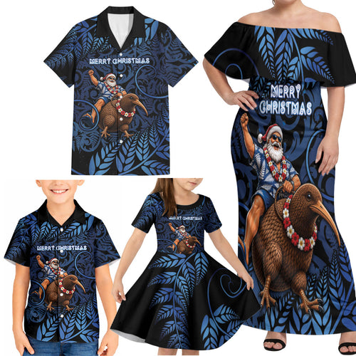 New Zealand Christmas Family Matching Off Shoulder Maxi Dress and Hawaiian Shirt Santa Riding Kiwi Bird Silver Fern