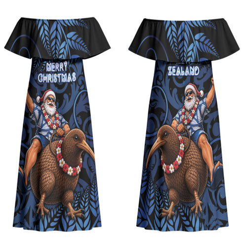 New Zealand Christmas Family Matching Off Shoulder Maxi Dress and Hawaiian Shirt Santa Riding Kiwi Bird Silver Fern