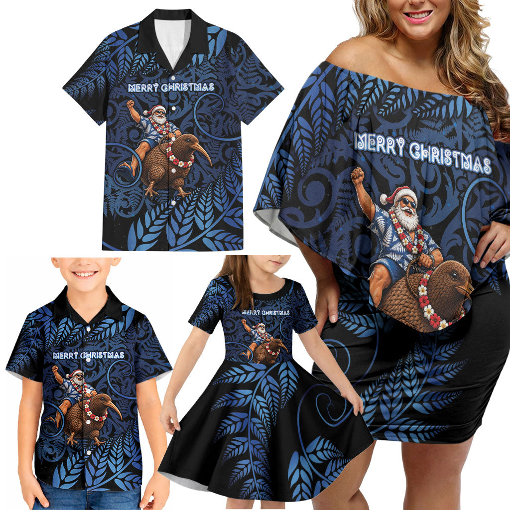 New Zealand Christmas Family Matching Off Shoulder Short Dress and Hawaiian Shirt Santa Riding Kiwi Bird Silver Fern