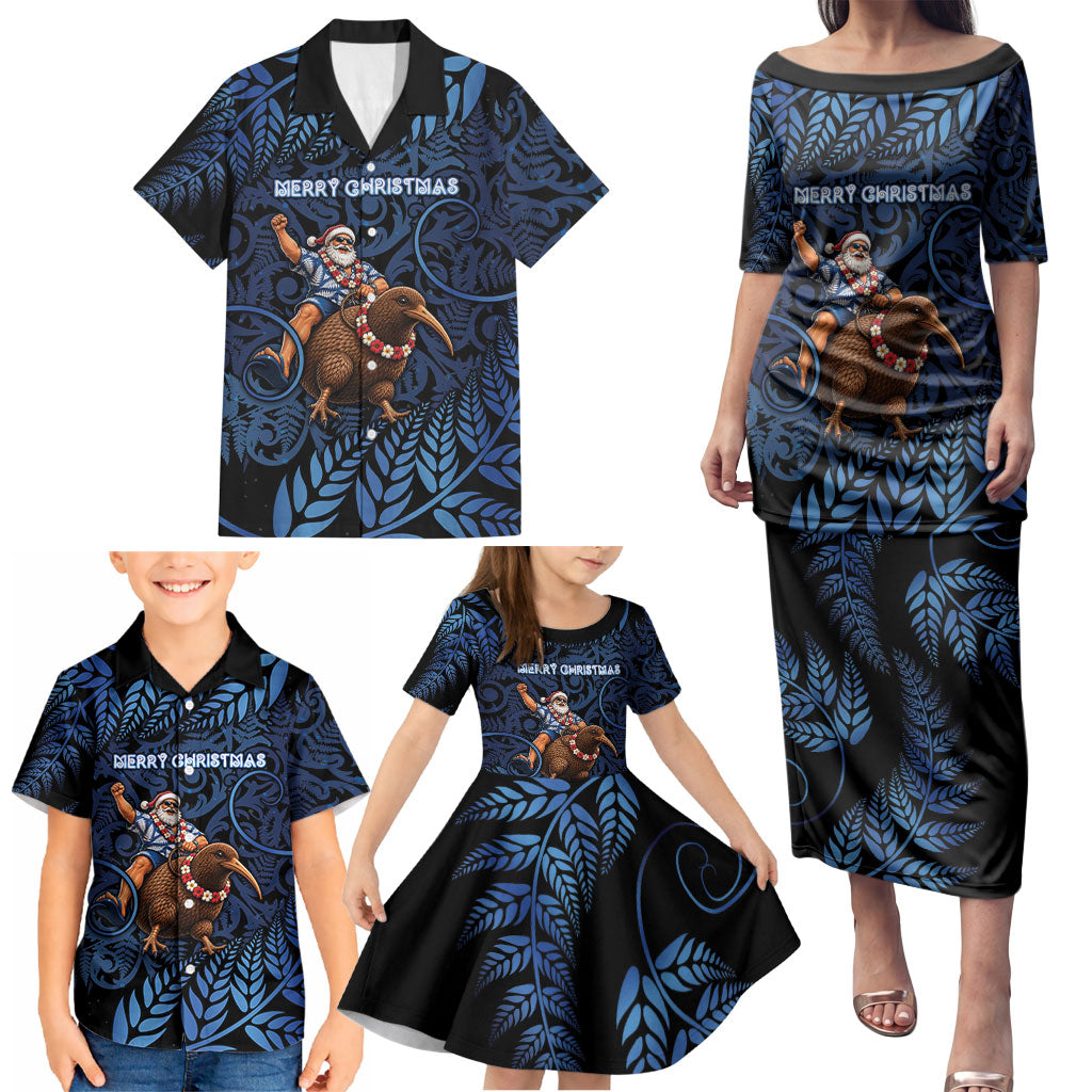 New Zealand Christmas Family Matching Puletasi and Hawaiian Shirt Santa Riding Kiwi Bird Silver Fern