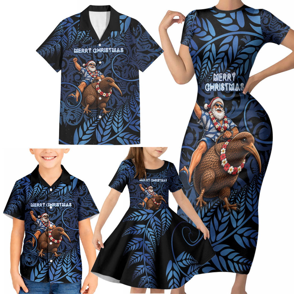 New Zealand Christmas Family Matching Short Sleeve Bodycon Dress and Hawaiian Shirt Santa Riding Kiwi Bird Silver Fern