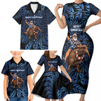 New Zealand Christmas Family Matching Short Sleeve Bodycon Dress and Hawaiian Shirt Santa Riding Kiwi Bird Silver Fern