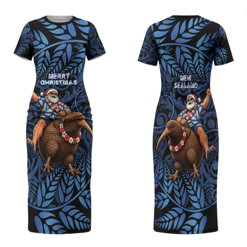 New Zealand Christmas Family Matching Short Sleeve Bodycon Dress and Hawaiian Shirt Santa Riding Kiwi Bird Silver Fern