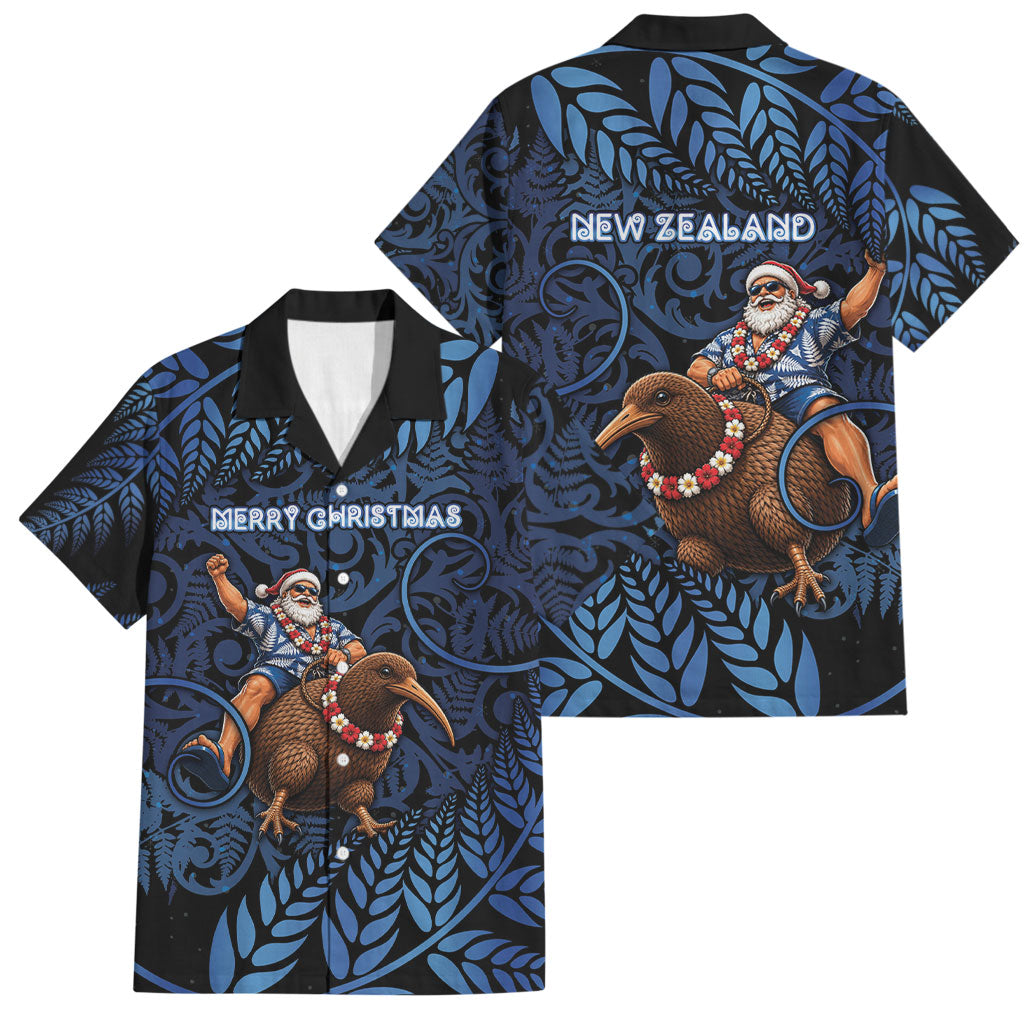 New Zealand Christmas Family Matching Short Sleeve Bodycon Dress and Hawaiian Shirt Santa Riding Kiwi Bird Silver Fern