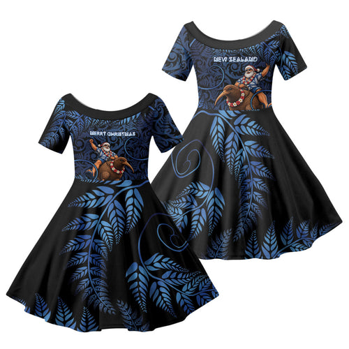 New Zealand Christmas Family Matching Short Sleeve Bodycon Dress and Hawaiian Shirt Santa Riding Kiwi Bird Silver Fern