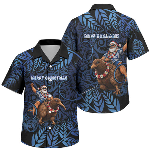 New Zealand Christmas Family Matching Short Sleeve Bodycon Dress and Hawaiian Shirt Santa Riding Kiwi Bird Silver Fern