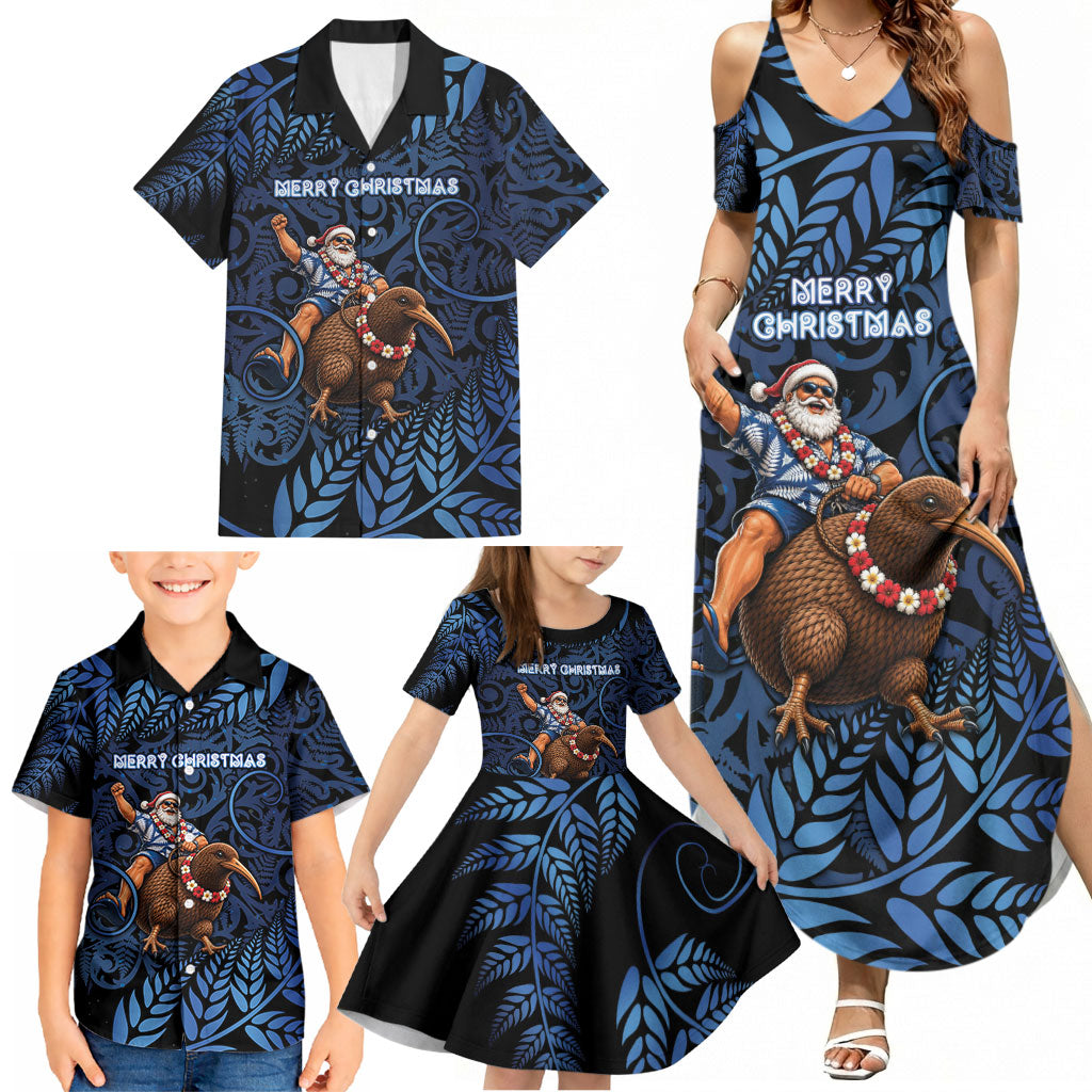 New Zealand Christmas Family Matching Summer Maxi Dress and Hawaiian Shirt Santa Riding Kiwi Bird Silver Fern