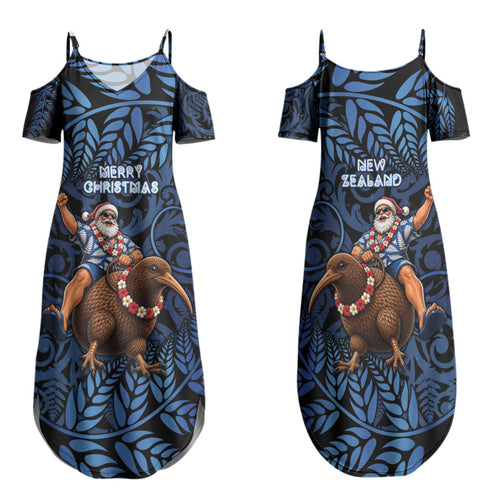 New Zealand Christmas Family Matching Summer Maxi Dress and Hawaiian Shirt Santa Riding Kiwi Bird Silver Fern