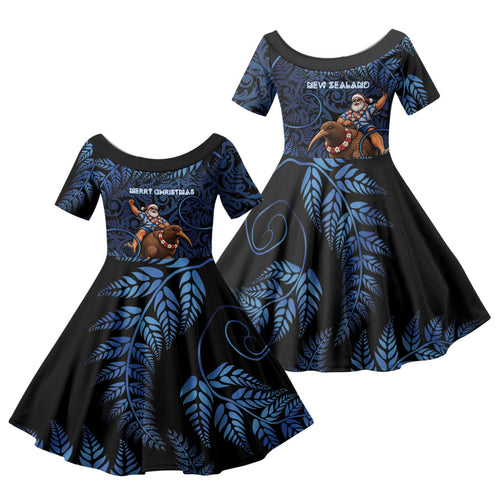 New Zealand Christmas Family Matching Summer Maxi Dress and Hawaiian Shirt Santa Riding Kiwi Bird Silver Fern