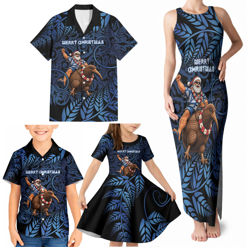 New Zealand Christmas Family Matching Tank Maxi Dress and Hawaiian Shirt Santa Riding Kiwi Bird Silver Fern