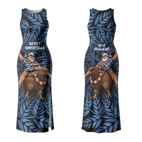 New Zealand Christmas Family Matching Tank Maxi Dress and Hawaiian Shirt Santa Riding Kiwi Bird Silver Fern