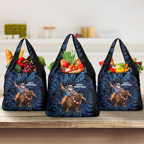New Zealand Christmas Grocery Bag Santa Riding Kiwi Bird Silver Fern
