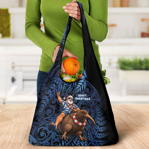 New Zealand Christmas Grocery Bag Santa Riding Kiwi Bird Silver Fern