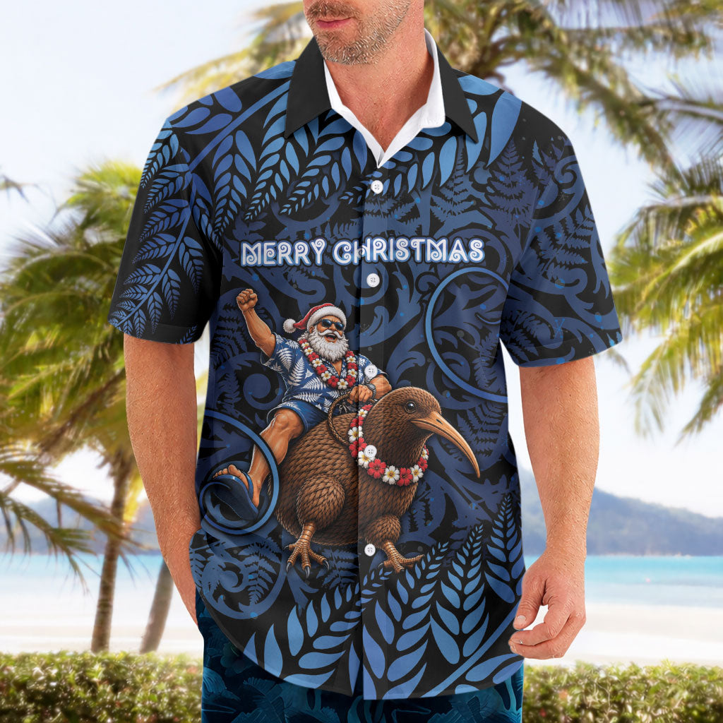 New Zealand Christmas Hawaiian Shirt Santa Riding Kiwi Bird Silver Fern