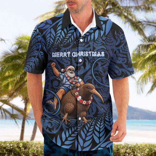 New Zealand Christmas Hawaiian Shirt Santa Riding Kiwi Bird Silver Fern
