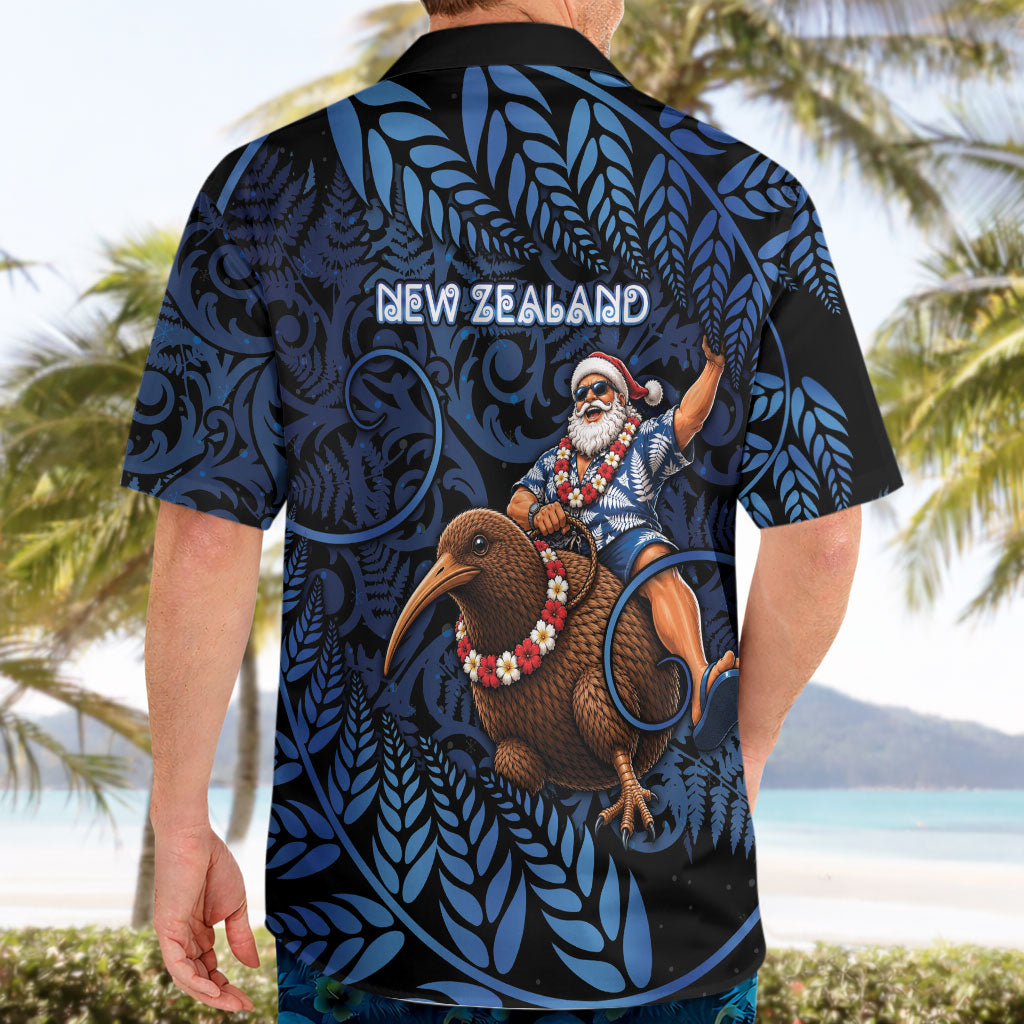 New Zealand Christmas Hawaiian Shirt Santa Riding Kiwi Bird Silver Fern