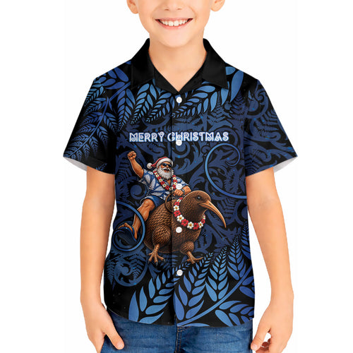 New Zealand Christmas Hawaiian Shirt Santa Riding Kiwi Bird Silver Fern