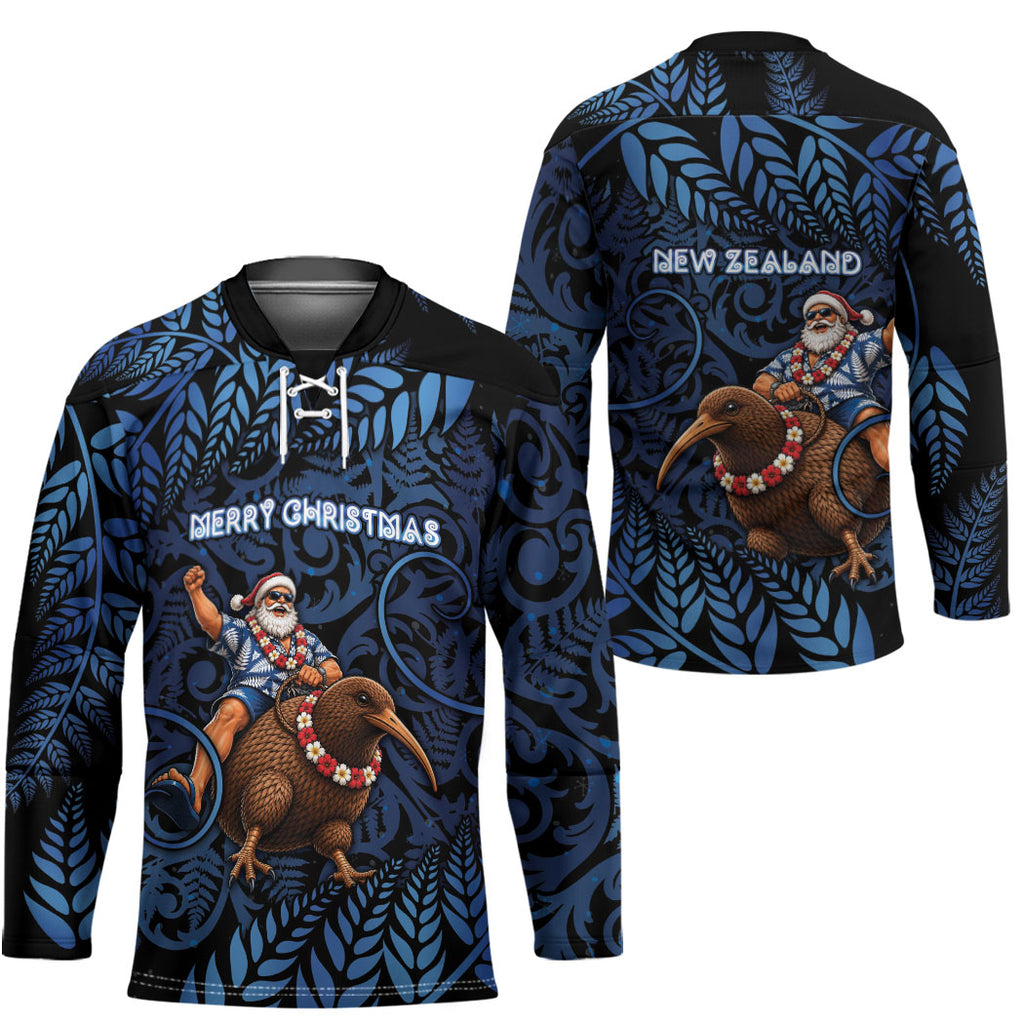 New Zealand Christmas Hockey Jersey Santa Riding Kiwi Bird Silver Fern