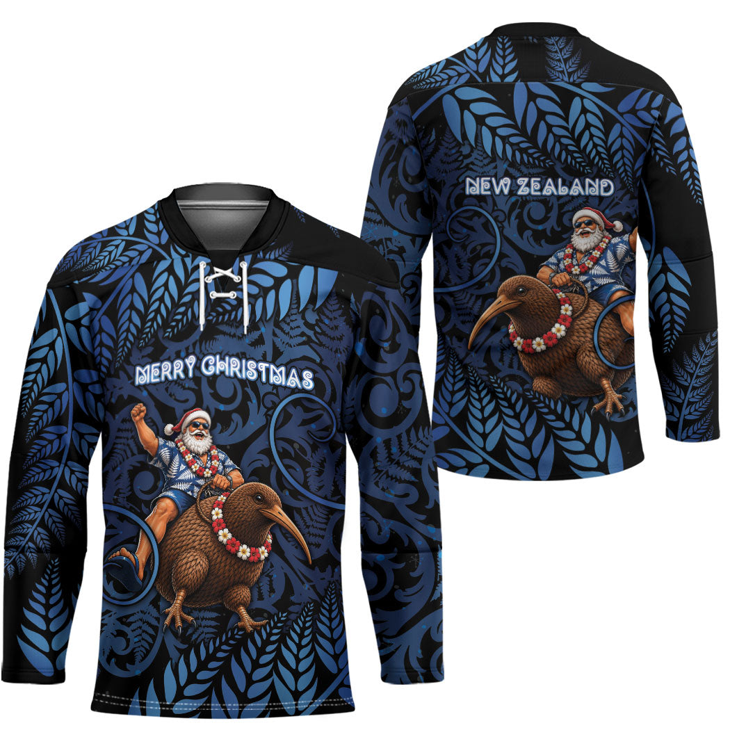 New Zealand Christmas Hockey Jersey Santa Riding Kiwi Bird Silver Fern