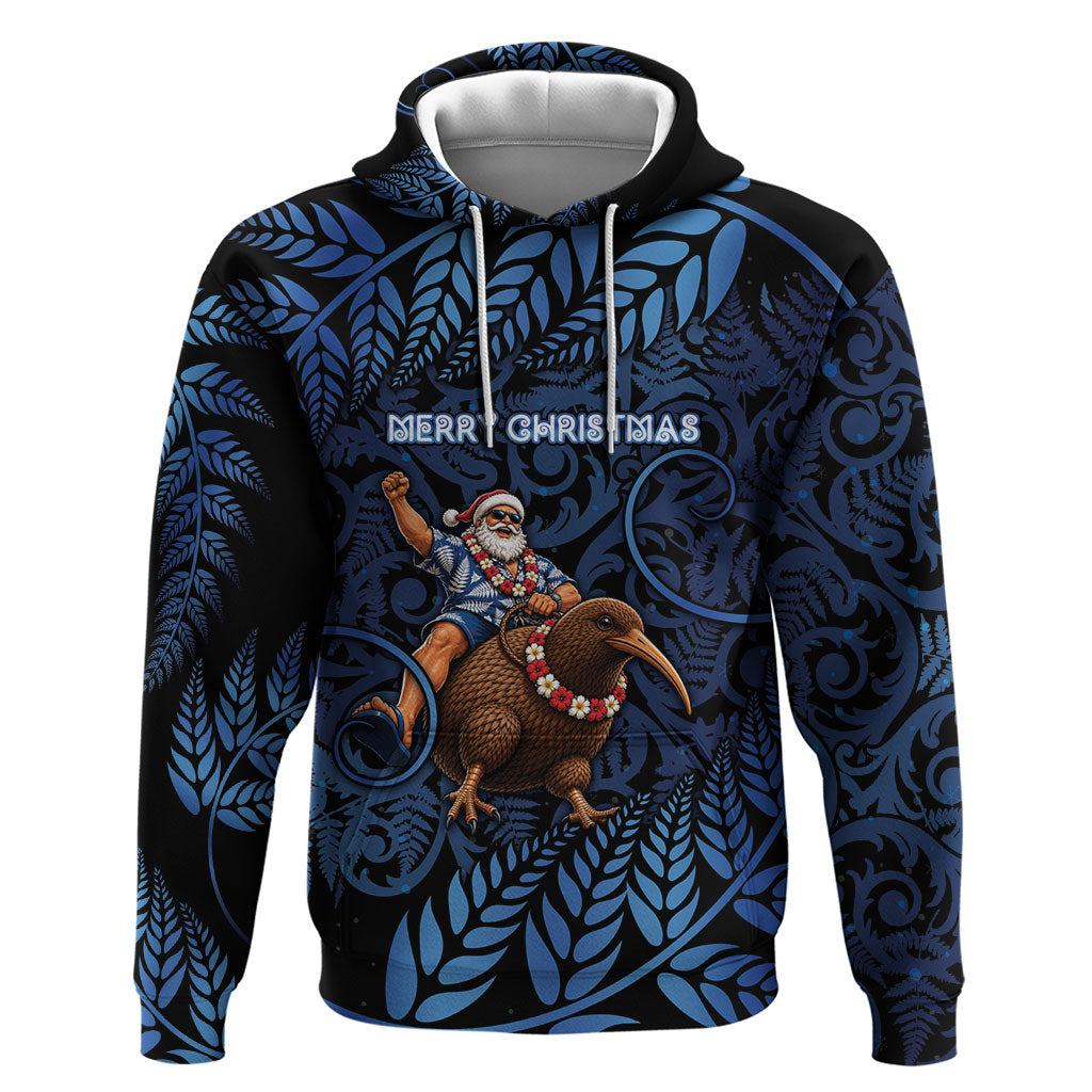 New Zealand Christmas Hoodie Santa Riding Kiwi Bird Silver Fern