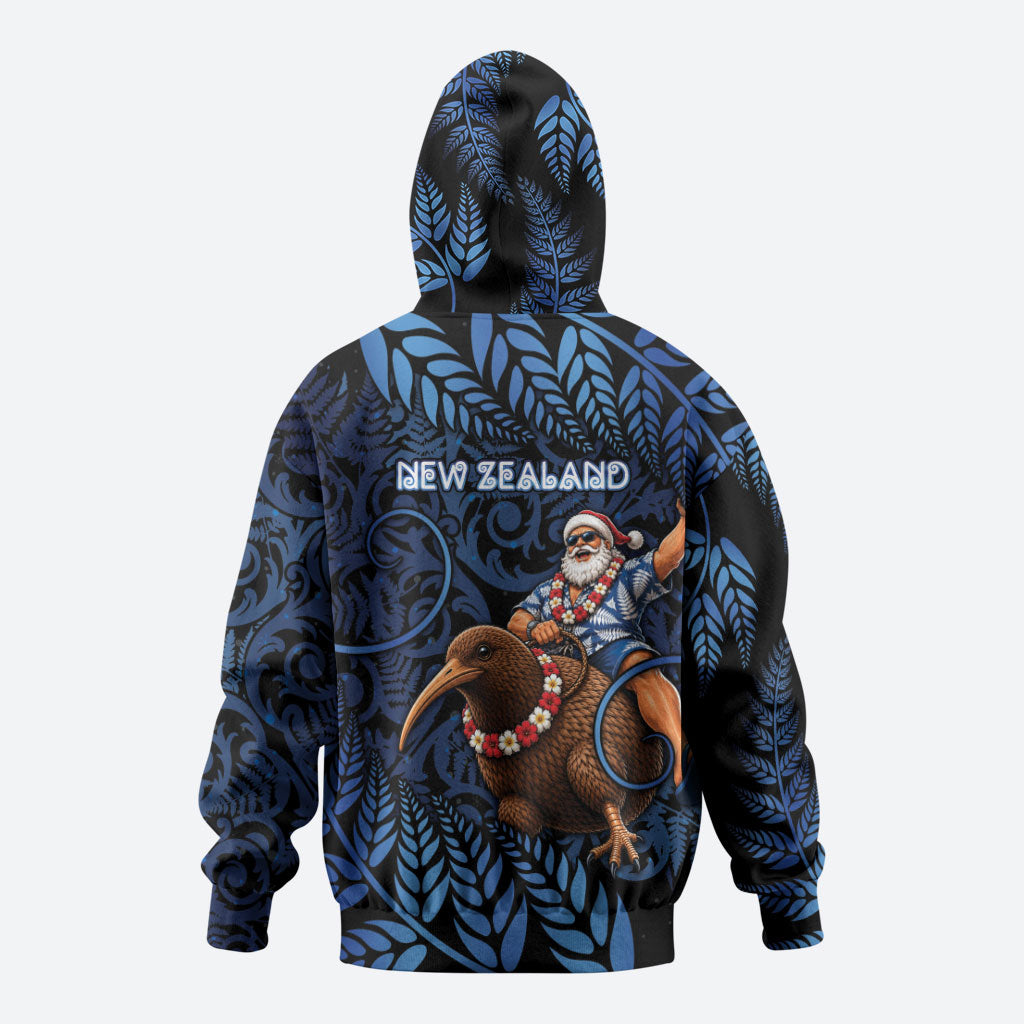 New Zealand Christmas Hoodie Santa Riding Kiwi Bird Silver Fern