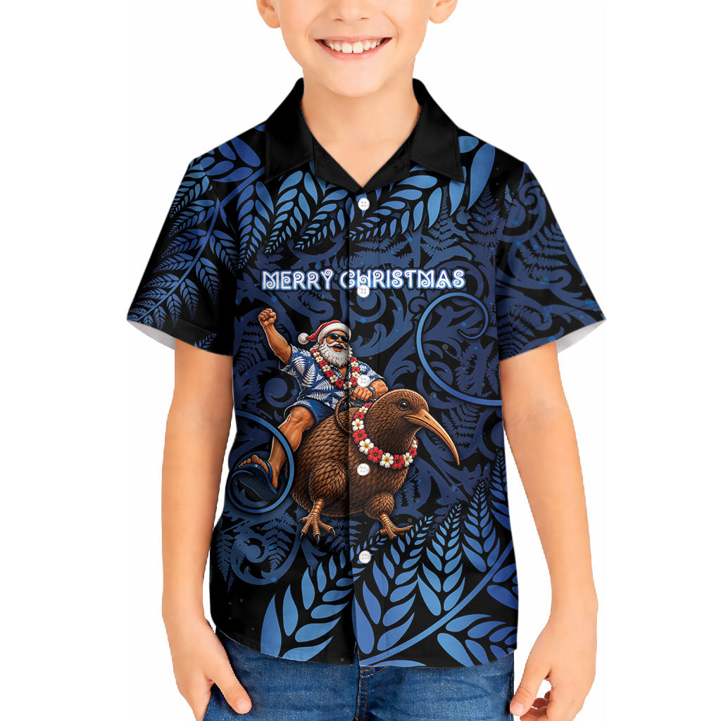 New Zealand Christmas Kid Hawaiian Shirt Santa Riding Kiwi Bird Silver Fern
