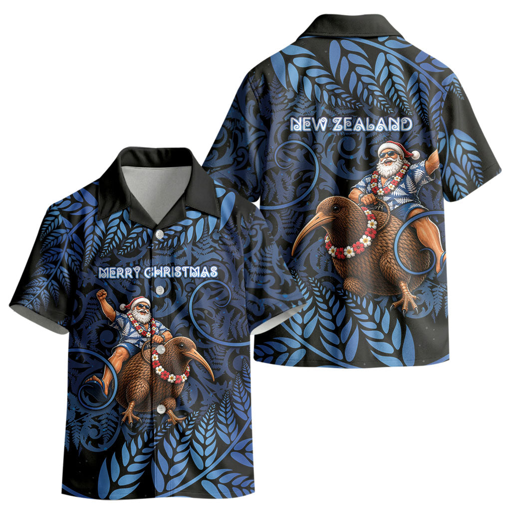 New Zealand Christmas Kid Hawaiian Shirt Santa Riding Kiwi Bird Silver Fern