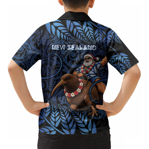 New Zealand Christmas Kid Hawaiian Shirt Santa Riding Kiwi Bird Silver Fern