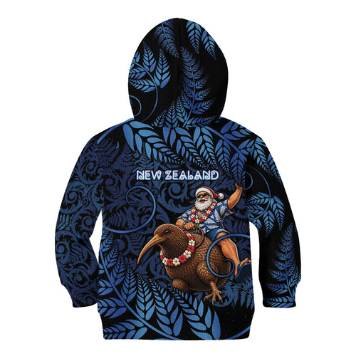 New Zealand Christmas Kid Hoodie Santa Riding Kiwi Bird Silver Fern