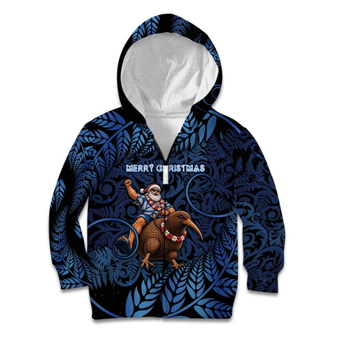 New Zealand Christmas Kid Hoodie Santa Riding Kiwi Bird Silver Fern