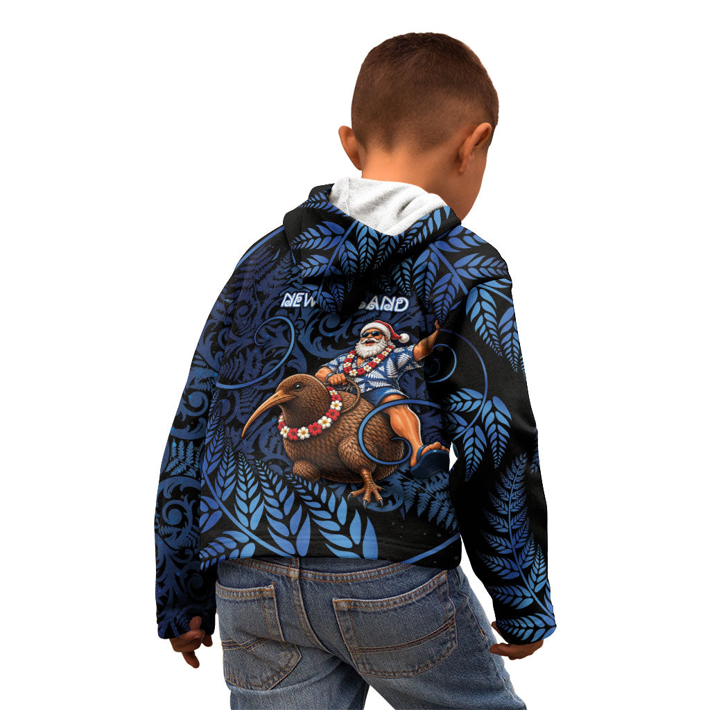 New Zealand Christmas Kid Hoodie Santa Riding Kiwi Bird Silver Fern