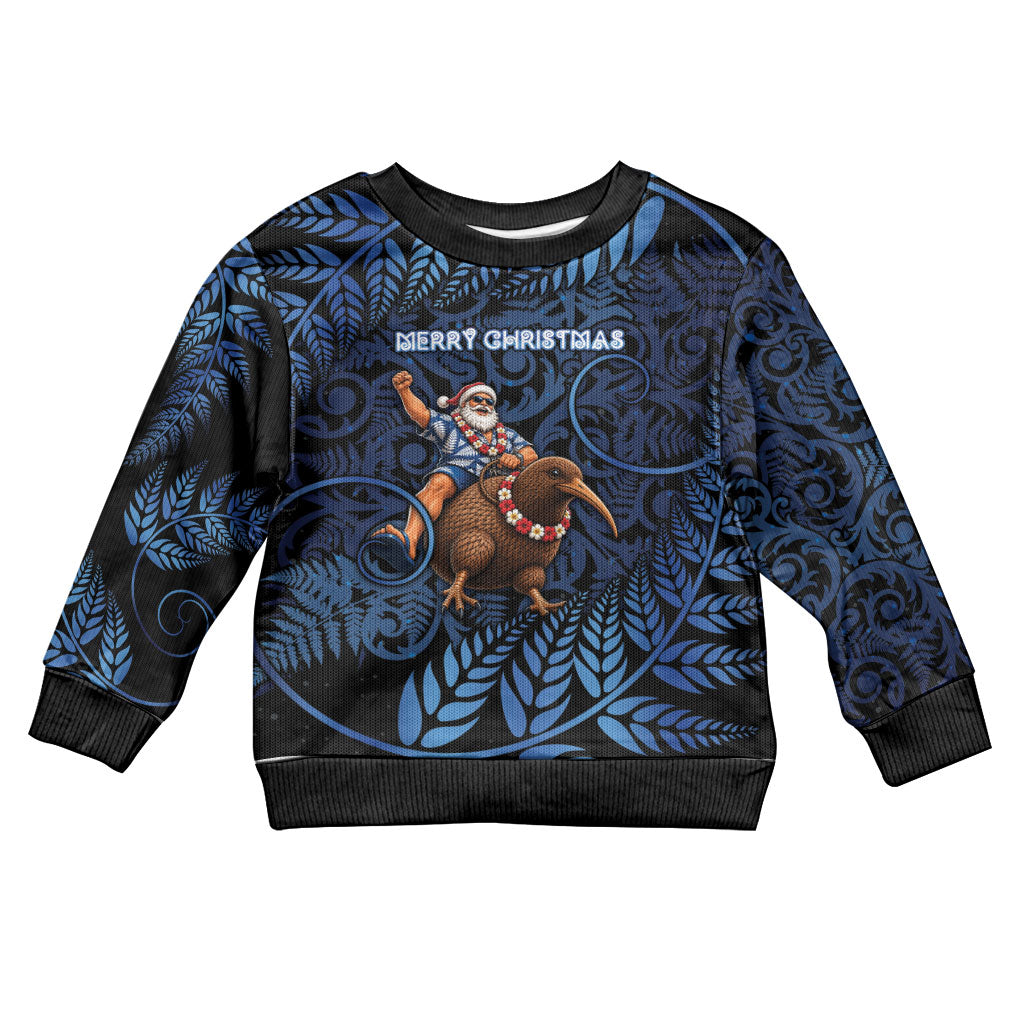 New Zealand Christmas Kid Ugly Christmas Sweater Santa Riding Kiwi Bird Silver Fern