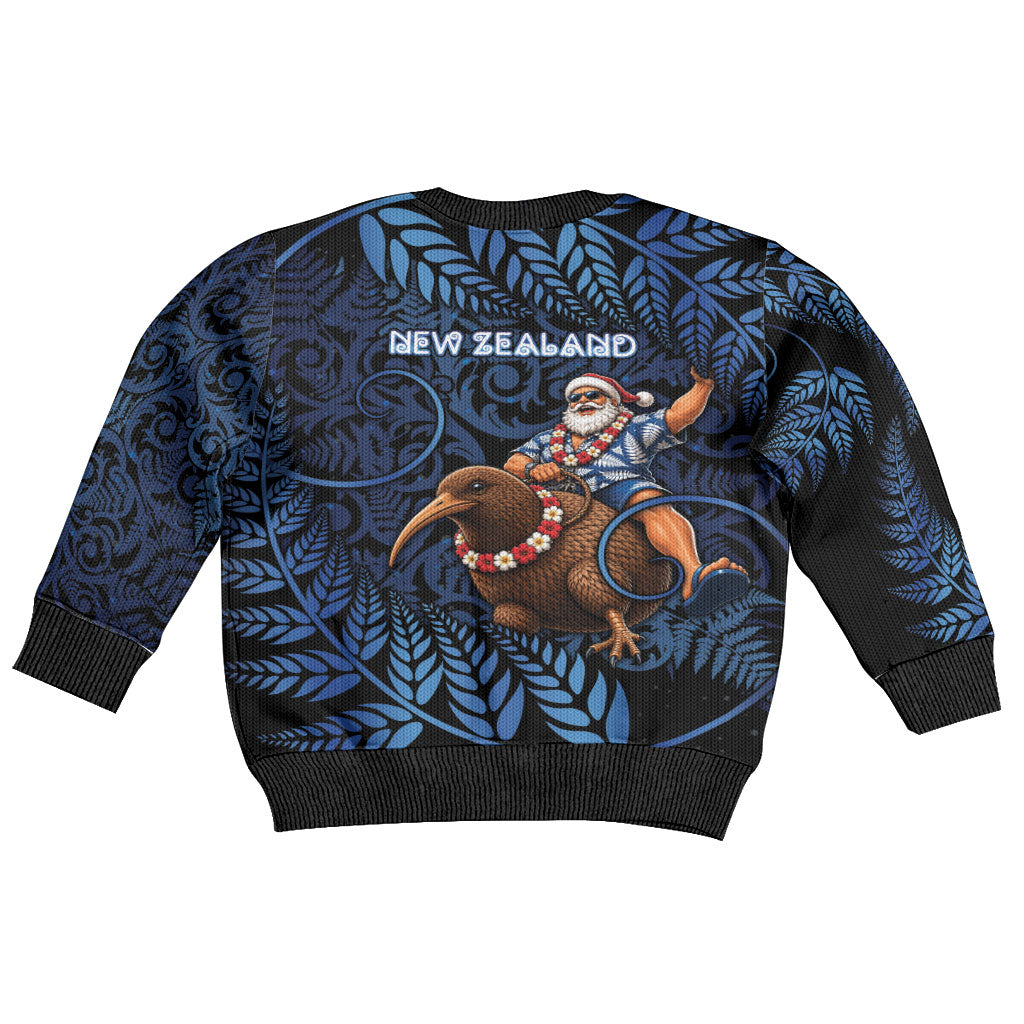 New Zealand Christmas Kid Ugly Christmas Sweater Santa Riding Kiwi Bird Silver Fern