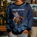 New Zealand Christmas Kid Ugly Christmas Sweater Santa Riding Kiwi Bird Silver Fern