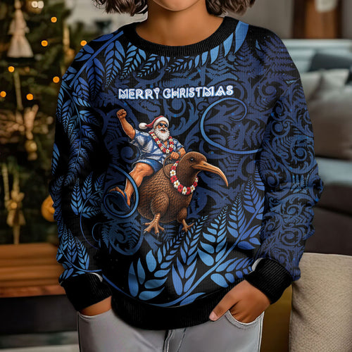 New Zealand Christmas Kid Ugly Christmas Sweater Santa Riding Kiwi Bird Silver Fern