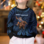 New Zealand Christmas Kid Ugly Christmas Sweater Santa Riding Kiwi Bird Silver Fern