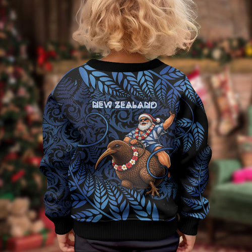 New Zealand Christmas Kid Ugly Christmas Sweater Santa Riding Kiwi Bird Silver Fern