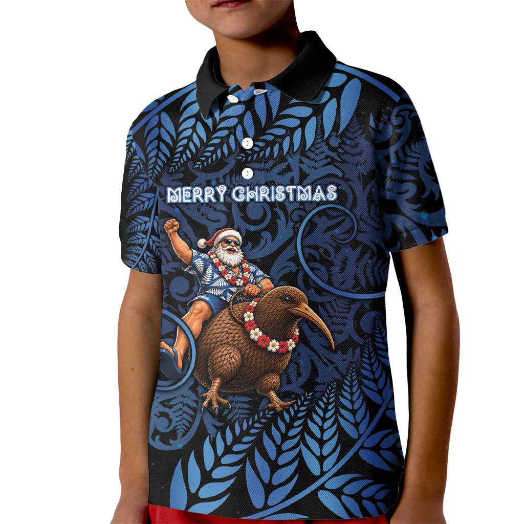 New Zealand Christmas Kid Polo Shirt Santa Riding Kiwi Bird Silver Fern