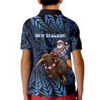 New Zealand Christmas Kid Polo Shirt Santa Riding Kiwi Bird Silver Fern